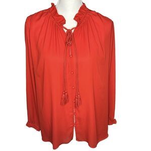 Maje Ciana Chiffon Red Gathered Crepe Top Sz 3 Flared Cuff Ruched Back Yolk $225